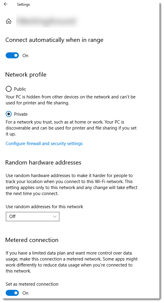 Network settings screen showing the network as set to being metered